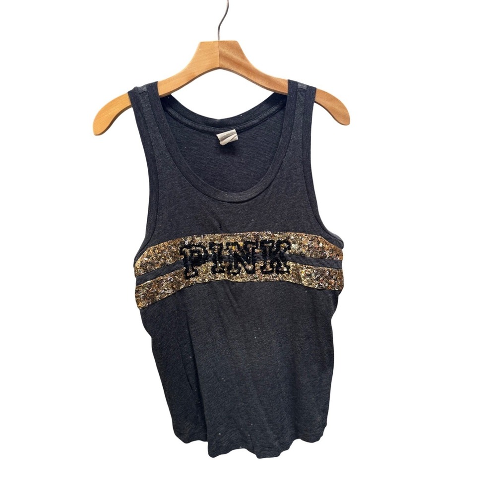 Victoria's Secret PINK Tank Top Medium Charcoal Gray Gold Sequin Logo Sleeveless
